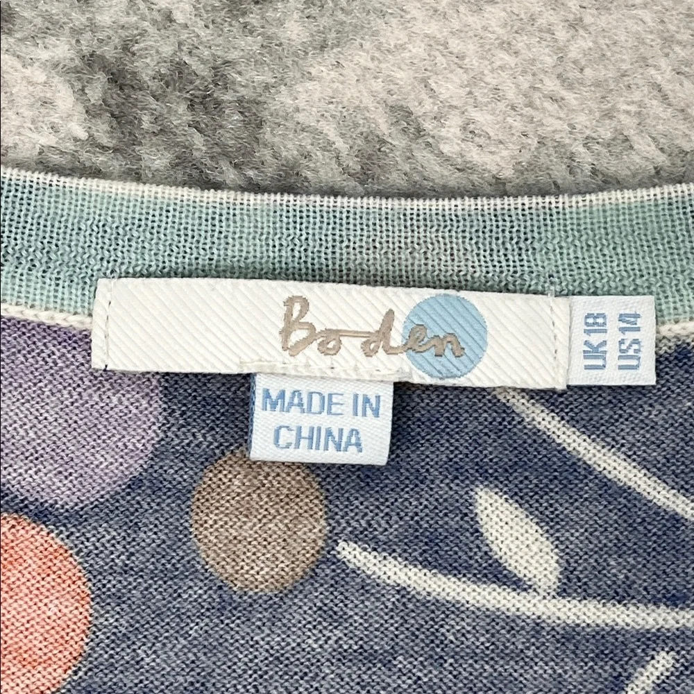 BODEN CARDIGAN 100% WOOL BUTTON DOWN LIGHTWEIGHT BLUE FLORAL DOTS SZ 14